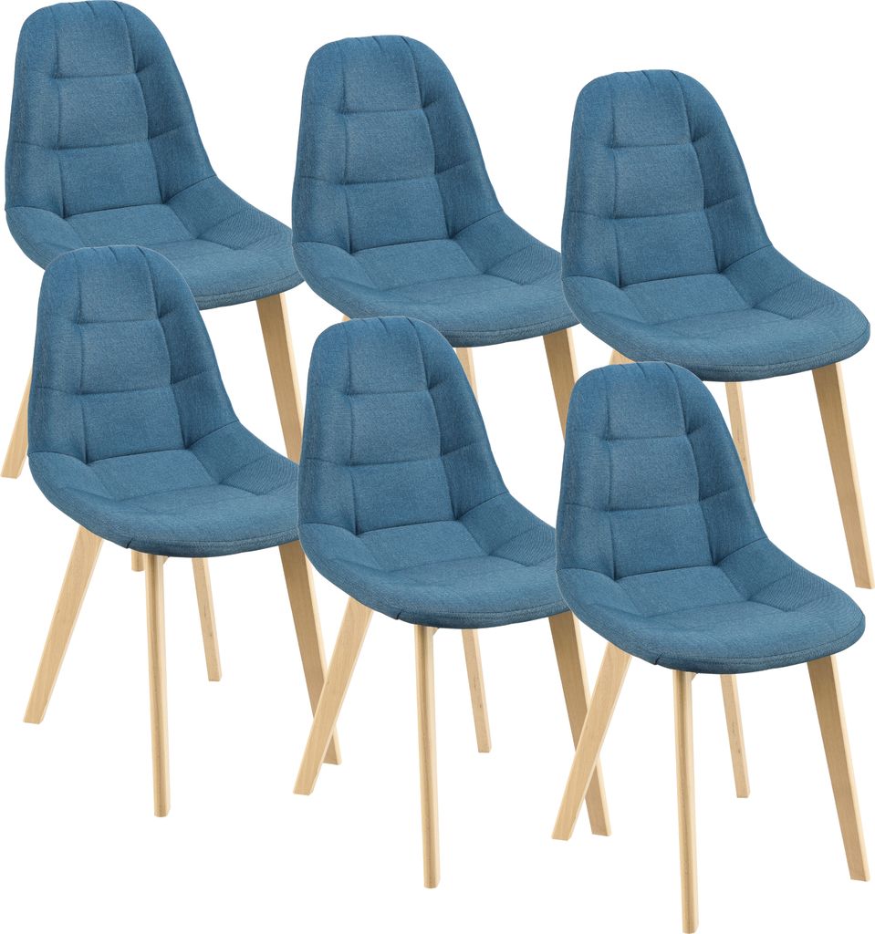 A set of six blue dining chairs with wooden legs, arranged in a grid formation against a white background.