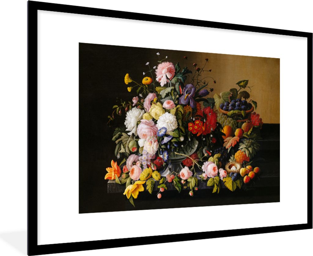 MuchoWow Gerahmtes Poster Stilleben mit Blumen und Früchten - Kunstwerk - Alte Meister 90x60 cm - Poster mit Schwarzem Bilderrahmen Wandposter R...