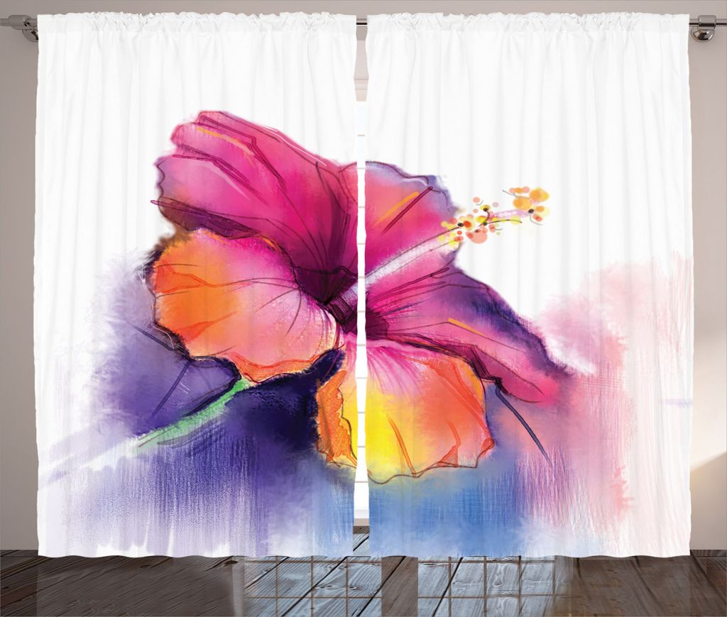 ABAKUHAUS Blumen Rustikaler Gardine, Hibiskus-Blumen-Pastell, Schlafzimmer Kräuselband Vorhang mit Schlaufen und Haken, 280 x 245 cm, Mehrfarbig