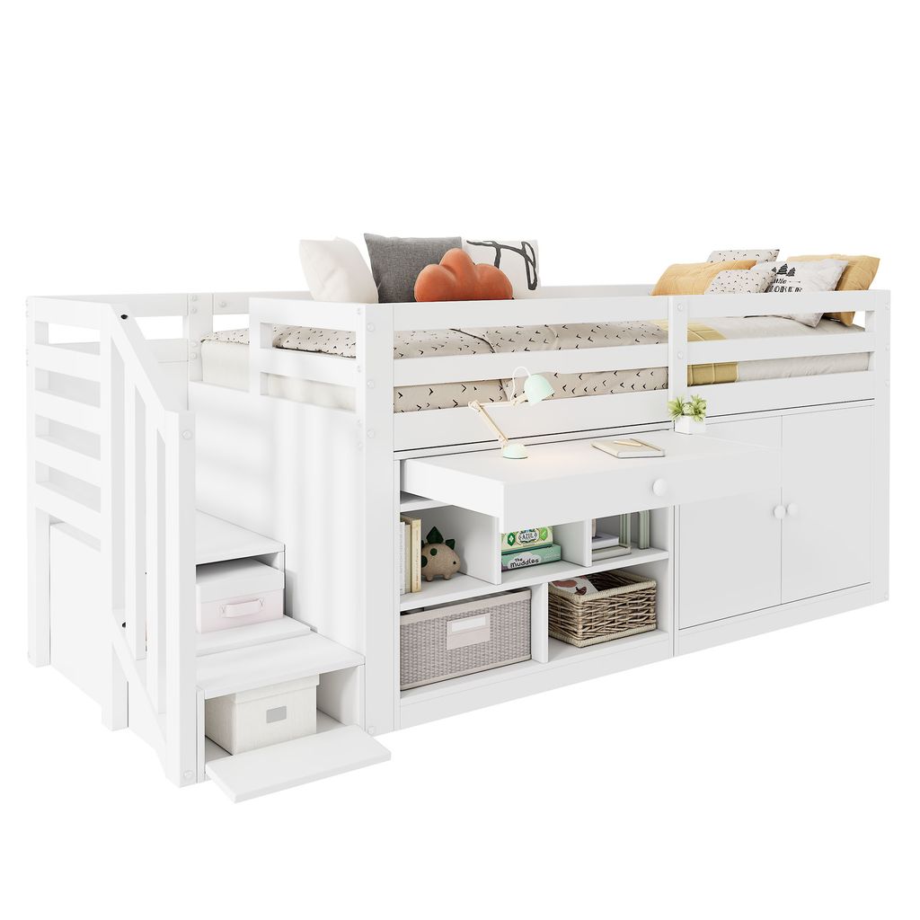 Hochbett mit Lattenrost, Schreibtisch und Stauraum, 90x200 Produktbild 