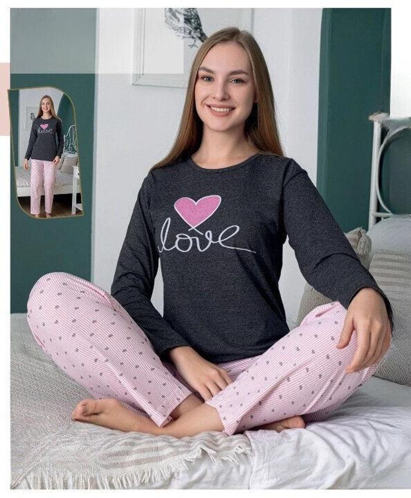 Damen Pyjama Schlafanzug Grau M Lang Warm 2-Teiler Set C-62 Produktbild 