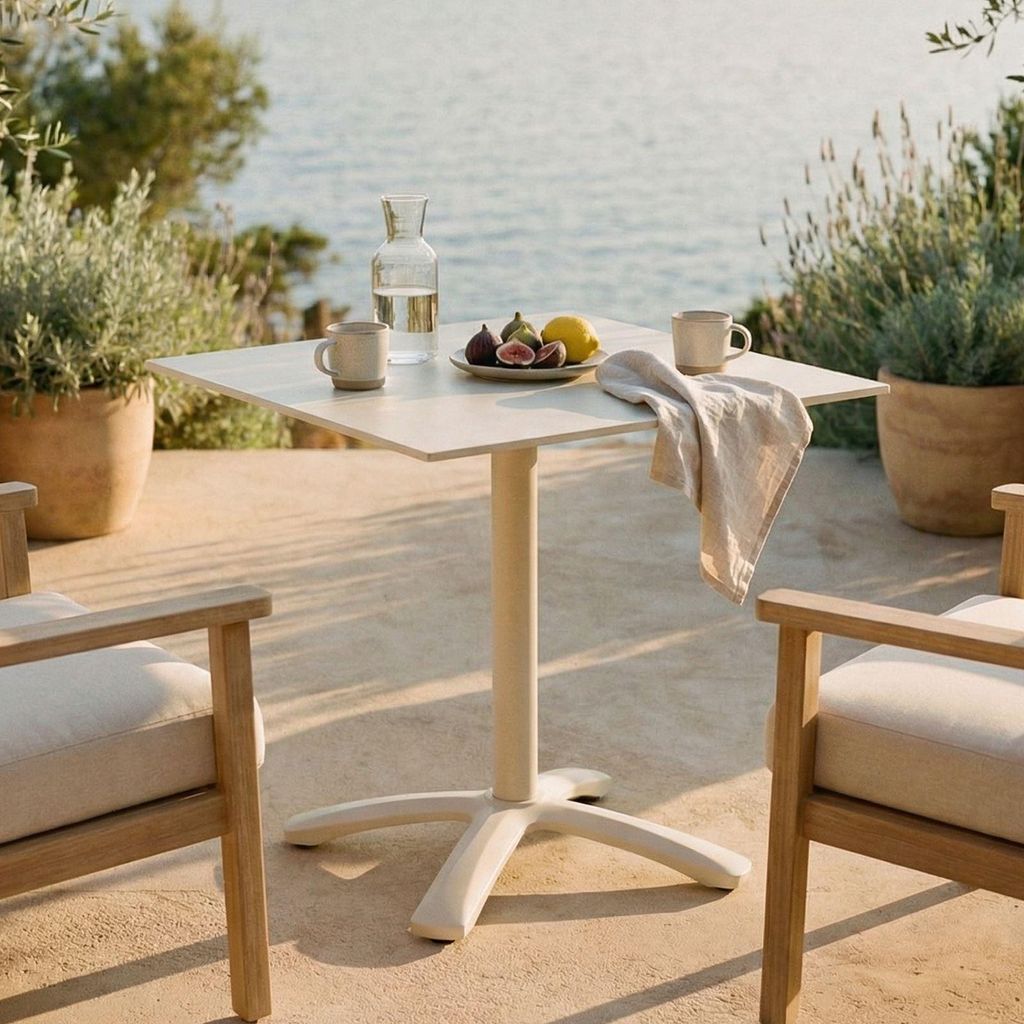 Gartentisch MASA mit Steinplatte 70x70 cm, Cremeweiß – wetterfester Balkontisch mit Sintersteinplatte und stabilem Gestell UV beständig, ideal ...