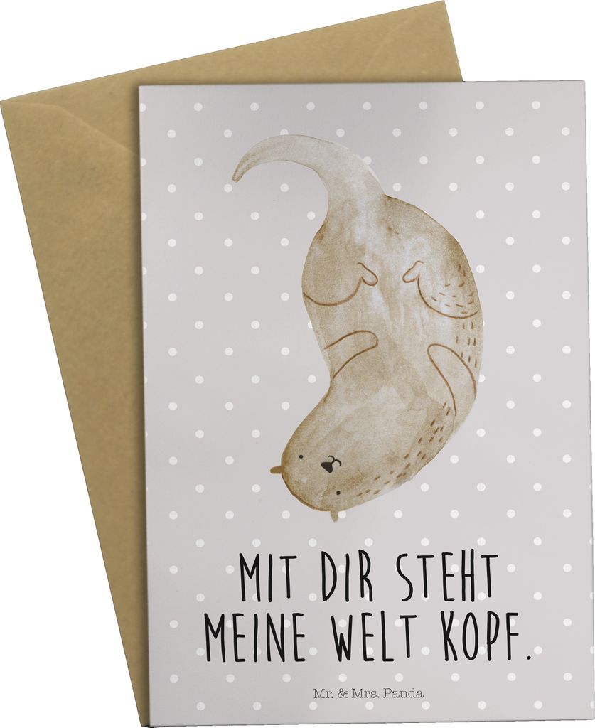 Mr. & Mrs. Panda Glückwunschkarte Otter Kopfüber - Grau Pastell - Geschenk, Liebe, Liebesgeschenk, Niedlich, osterkarte, Seeotter, hochzeitskarte...