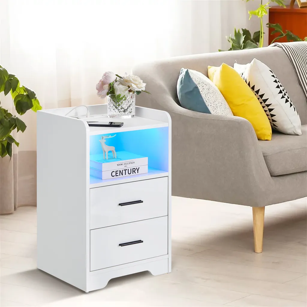 Table de nuit LED avec prise de recharge USB, meuble de chambre blanc