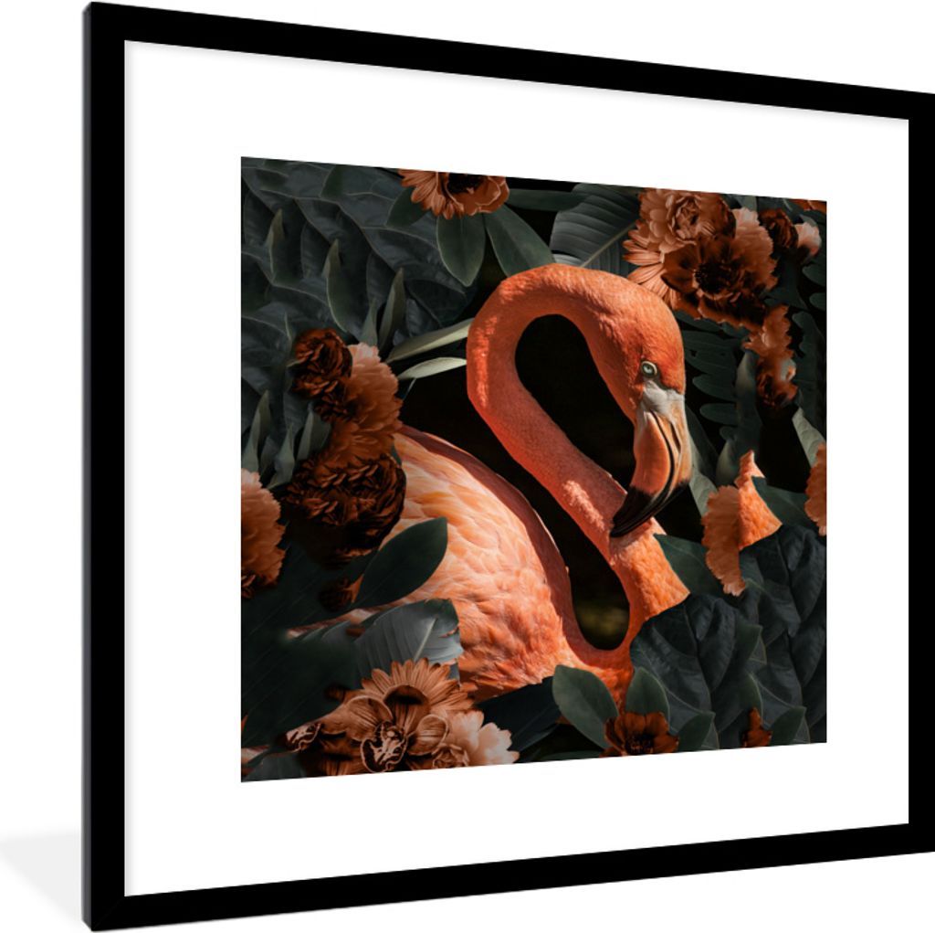 MuchoWow MuchoWow Gerahmtes Poster Flamingo - Vogel - Blumen - Blätter 40x40 cm - Poster mit zchwarzem Bilderrahmen - Poster - Plakat im Rahmen