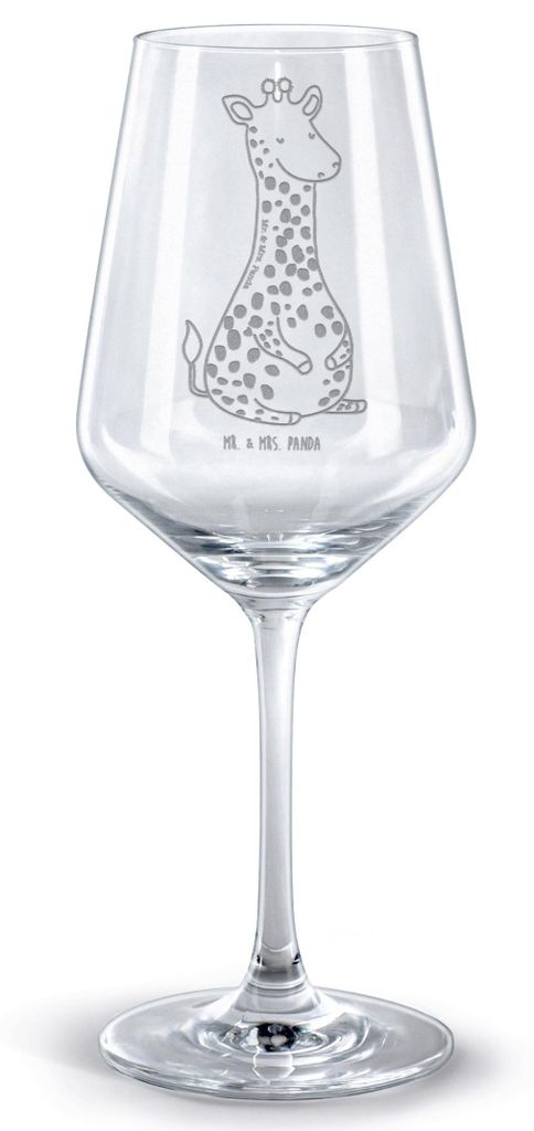 Mr. & Mrs. Panda Weinglas Giraffe Zufrieden - Transparent - Geschenk, graviert, Rotwein Glas, für, Glück, Afrika, Abenteuer, Kelch, Bordeauxglas