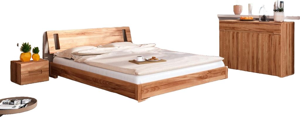 Bett Bento 15 Sonderlänge 90x190 Kernbuche massiv Holzkopfteil und Holzbeine
