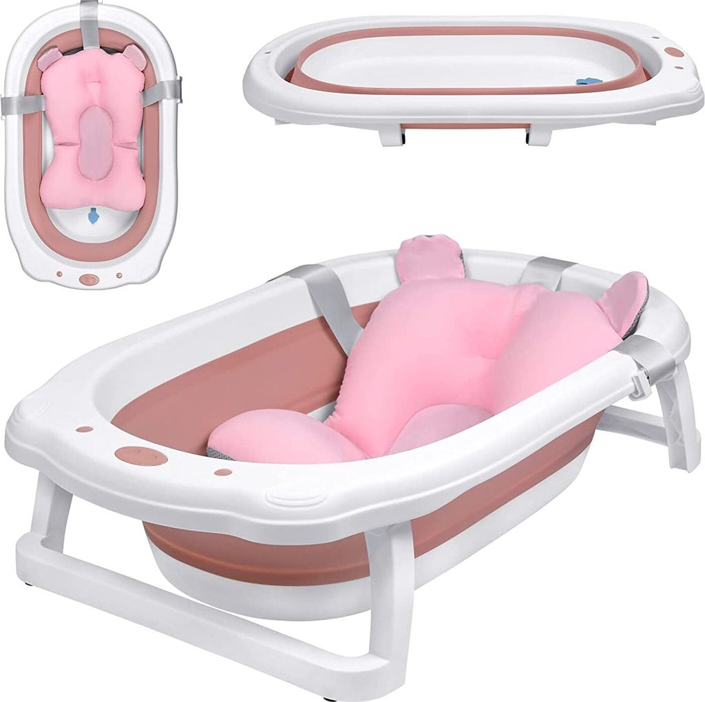 TRMLBE Babybadewanne 82x50cm Faltbar Baby Bath Wanne Rosa PP+PTE Babywanne mit Rutschfeste Fußpolster Badewanne Für Babys Kinder (mit Sitzkissen)