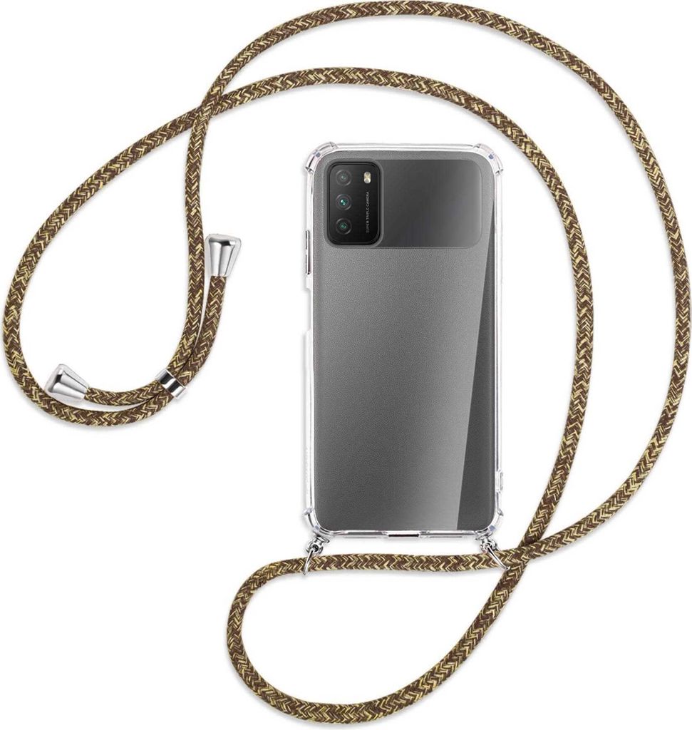 Handykette Backcover-Schutzhülle mit Band (Metall silberfarben) für Xiaomi Poco M3 - braun+beige