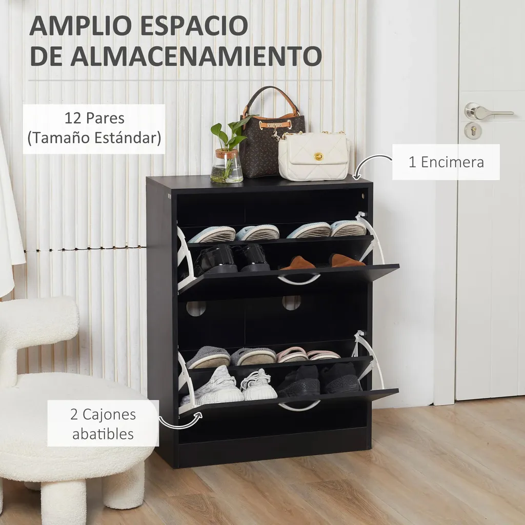 Meuble à chaussures noir avec 2 tiroirs - 60×24×80 cm - Design moderne - 4