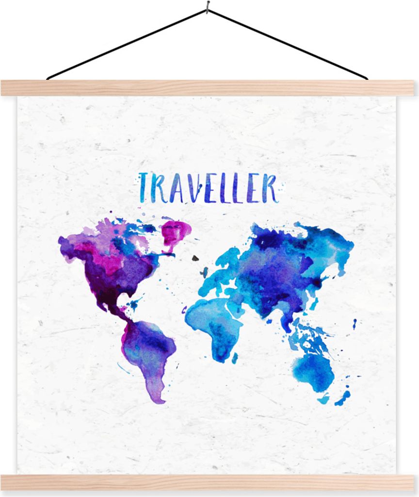 MuchoWow Textilposter Weltkarte - Aquarellfarbe - Reisen 60x60 cm mit holzfarbenen Rahmen - Wanddekoration