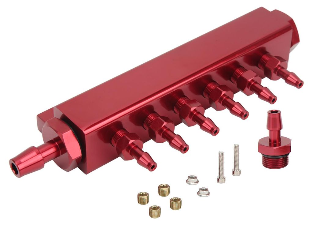6-Port-Vakuumblock-Ansaugkrümmer-Kit, 1/8-Zoll-NPT-Anschluss, 1/2-Zoll-Einlassauslass, universell für PKW-LKW-Turbos, Rot