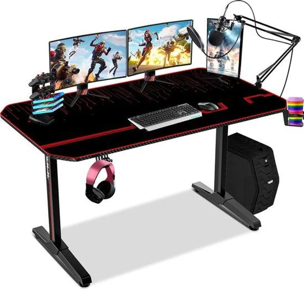 Bureau Gaming en T de 55 Pouces avec Tapis de Souris Géant et Ergonomique