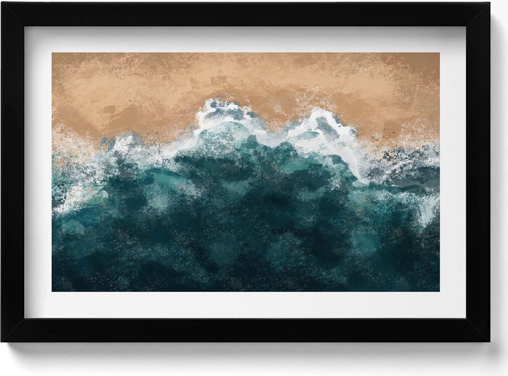 Illustration von Meereswellen und Strand aus der Vogelperspektive– Wandbild mit Rahmen – Gerahmtes Bild – Wanddekoration – 30x20 cm – Sch...