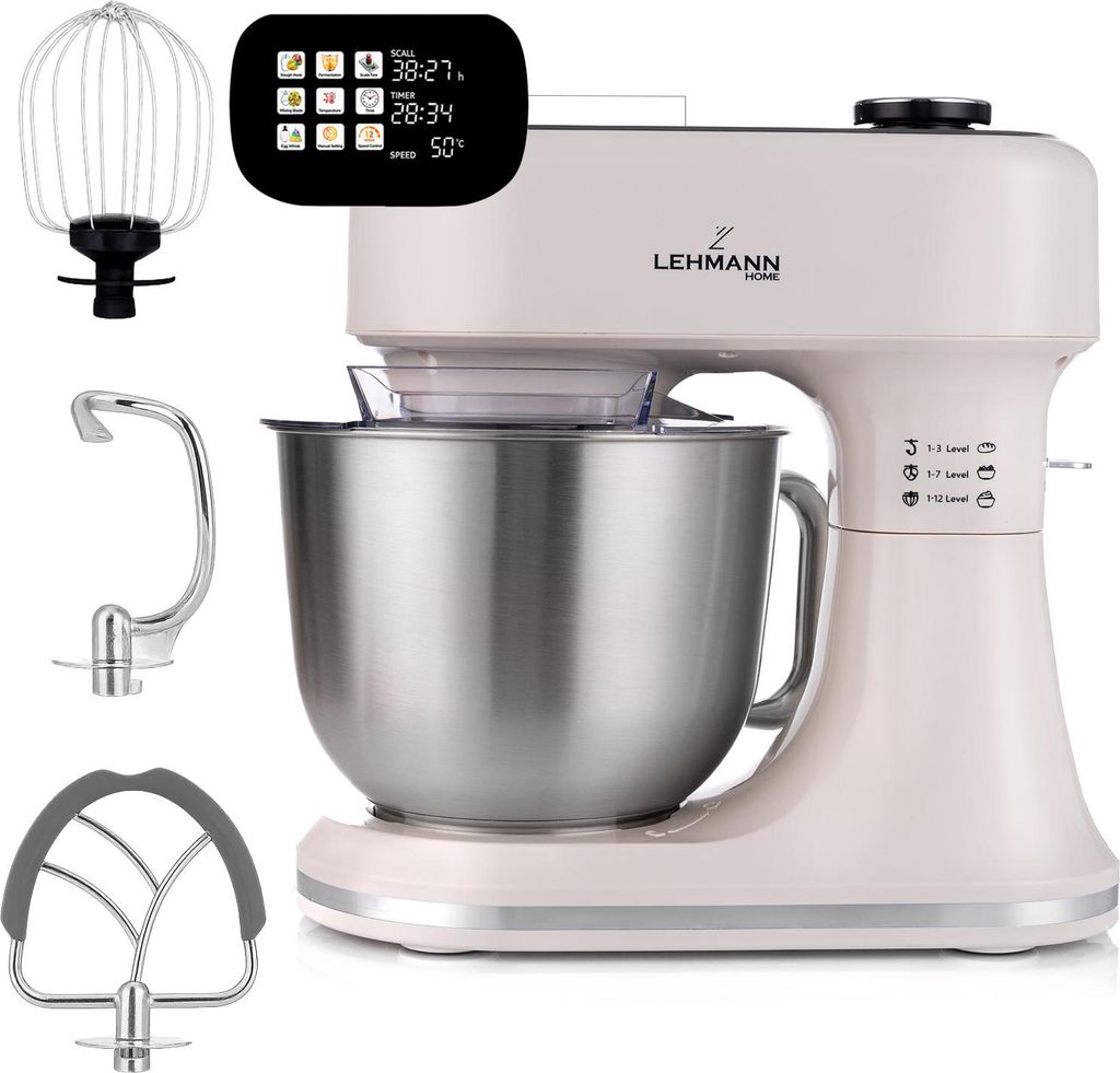 LEHMANN Küchenmaschine mit Display, 12 Geschwindigkeiten, Fermentationsfunktion mit Heizfunktion, integrierte Waage, Timer, 5L Rührschüssel