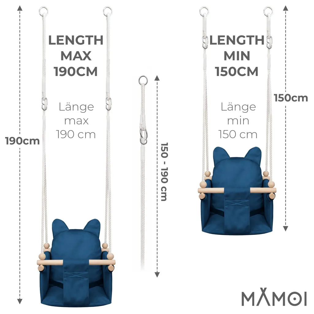 MAMOI Altalena per bambini con cintura di sicurezza, altezza regolabile 150–190 cm, altalena per la casa, struttura stabile, seduta in velluto - 3