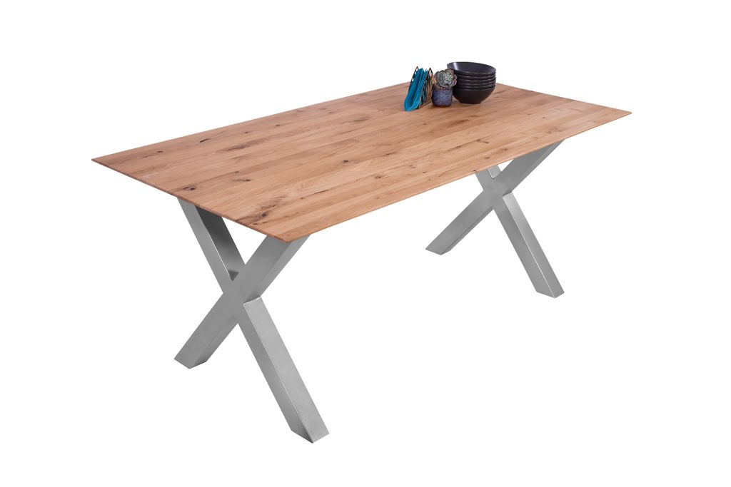 Esszimmertisch Schweizer Kante eckig massiv & geölt Eiche 200x100 silber X-Gestell Lotte