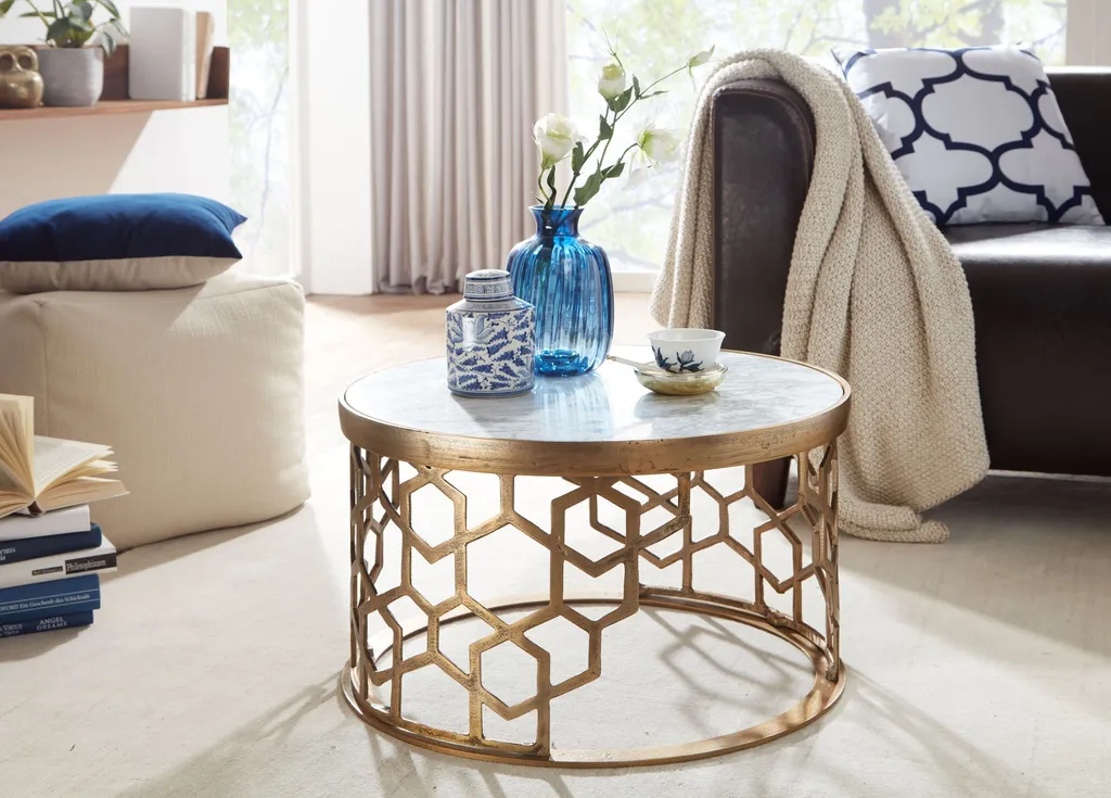 Table basse marbre blanc 60 cm luxe et structure acier doré brillant