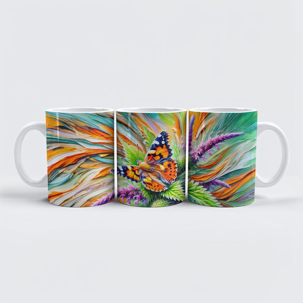raxxa Premium-Tasse "Painted Lady Butterfly on Nettles in Oil Painting"