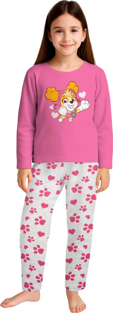 Paw Patrol Schlafanzug für Mädchen - Skye Paws Kinder Pyjama Set Langarm Oberteil mit Hose Pink/Grau 110-116