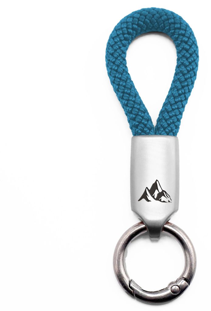 GIPFELWELLE Handgemachter Edelstahl Schlüssel Anhänger mit Gravur Kette Ring Paracord 6 mm Segeltau, Damen Herren, Berg, Petrol, Silber