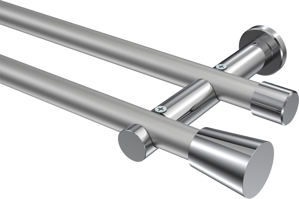 Interdeco Gardinenstange / Vorhangstange Silbergrau / Chrom, Typ Platon Sitra (Konus) ohne Ringe, 20 mm Ø 2-läufig, 280 cm