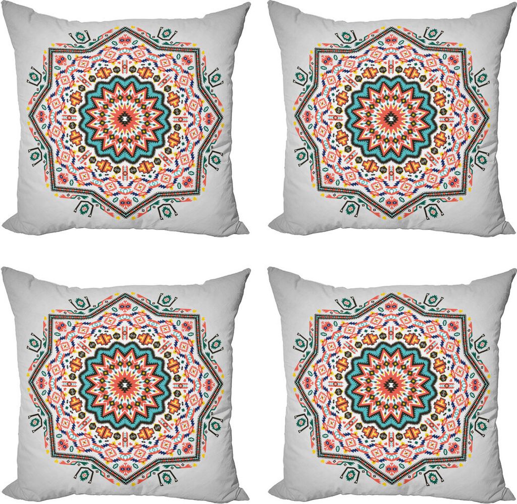 ABAKUHAUS Stammes Kissenbezug Set (4 Stück), Abstrakt Sun Aztec Stil, Moderner Doppelseitiger Digitaldruck, 45 cm x 45 cm, Türkis und Koralle