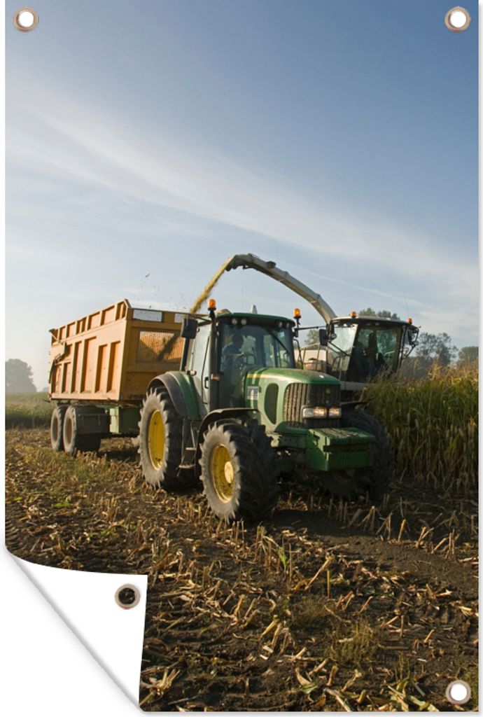 MuchoWow 60x90 cm Outdoor-Poster Gartendeko Sichtschutz Garten Poster für den Garten Traktor - Anhänger - Mais - Grün - Landleben