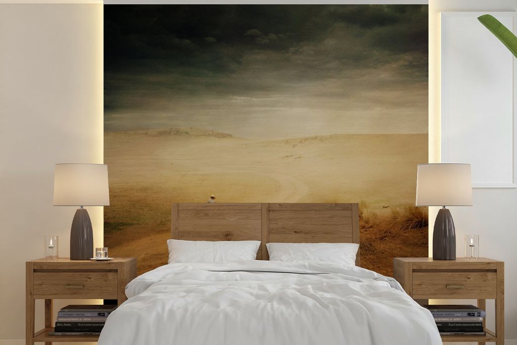 MuchoWow Fototapete für Wohnzimmer oder Schlafzimmer Wandtapete Vinyl Motivtapete Mann zu Pferd neben einem beladenen Esel - 280x280 cm - Hinter...
