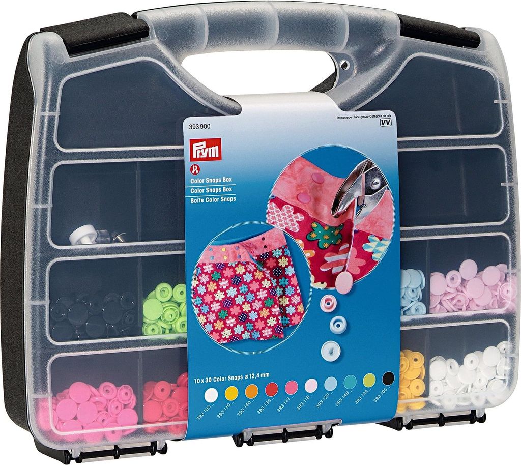 Prym 393900 Nähfrei Color Snaps Sortimentsbox inkl. 300 Druckknöpfe Ø 12,4 mm & Werkzeug-Set, Schwarz;transparent