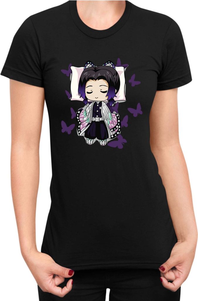Damen T-Shirt Demon Anime Slayer Kimetsu No Yaiba Shinobu Kocho Sleeping, Lady M / Schwarz