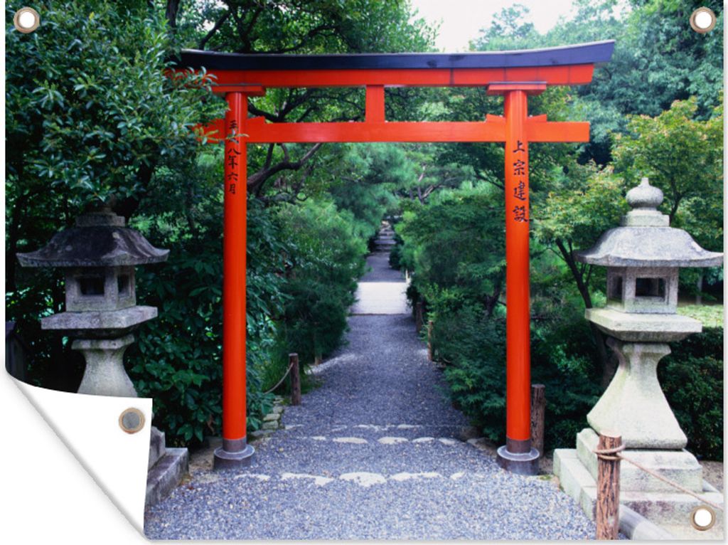 MuchoWow 80x60 cm Outdoor-Poster Gartendeko Sichtschutz Garten Poster für den Garten Ein japanisches Torii-Tor steht zwischen den Bäumen