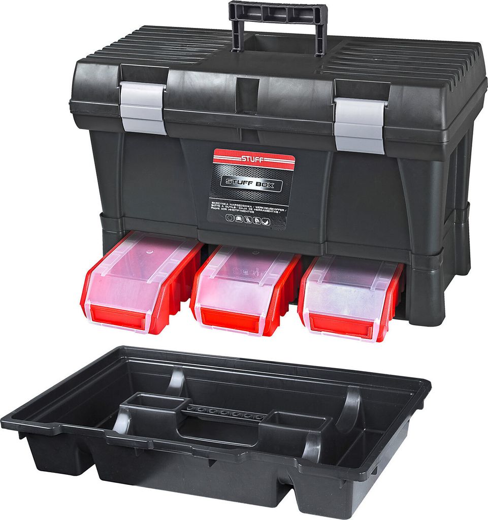 Werkzeugkoffer Pro mit trittfestem Deckel | HxBxT 32,5x52,5x25,5cm | Polypropylen | Schwarz/Rot