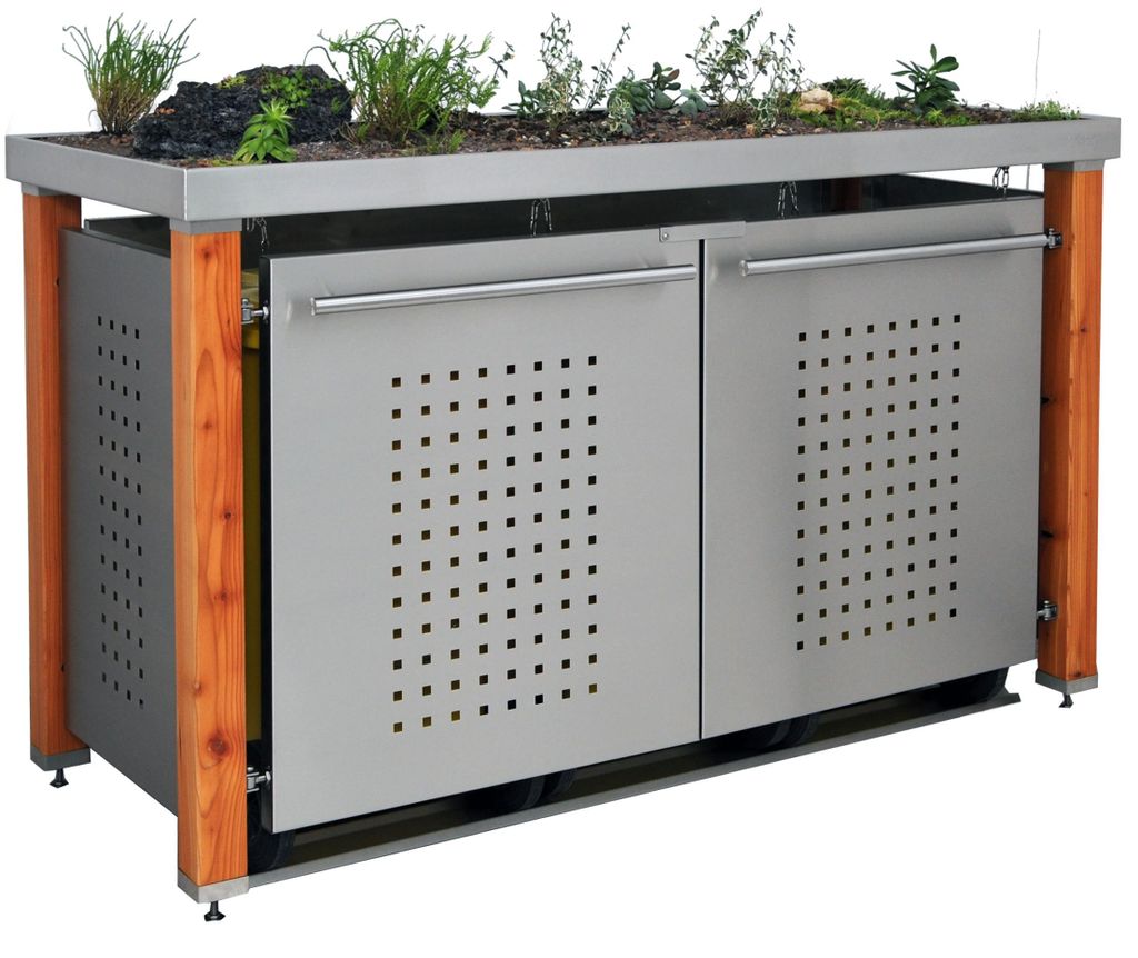 reinkeDESIGN | Tonnen-Verkleidung dreier für 1x240L + 2x120L| Typ_H | mit Grün-Dach, Pfosten aus Lärche, Blenden in V2A | Ideal für Eigenheim,