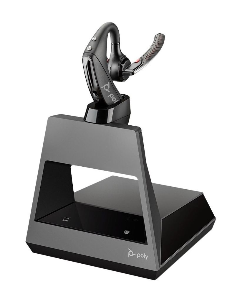 A wireless headset and its charging base are displayed against a white background.