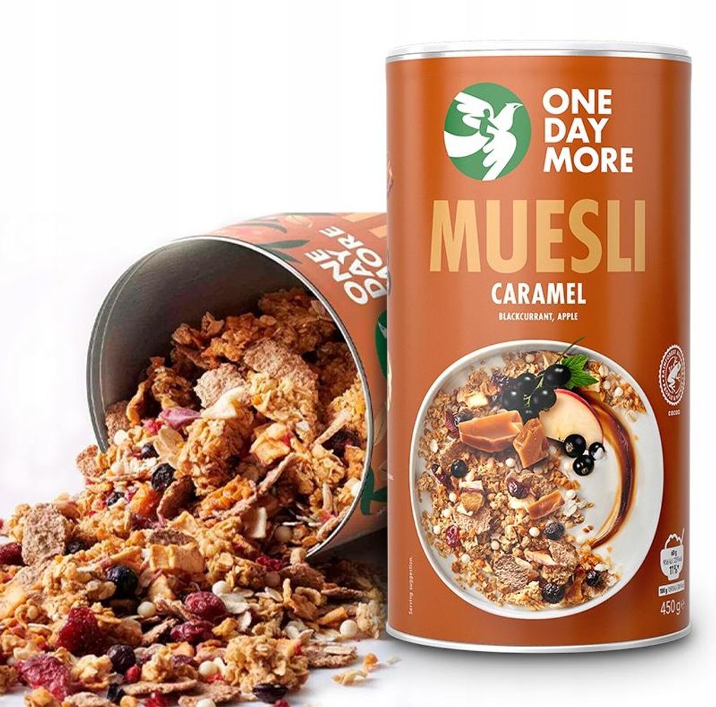 OneDayMore | Karamell Müsli schwarze Johannisbeere | Ohne Zuckerzusatz ballaststoffreich mit Apfel und weißer Schokolade 450 g