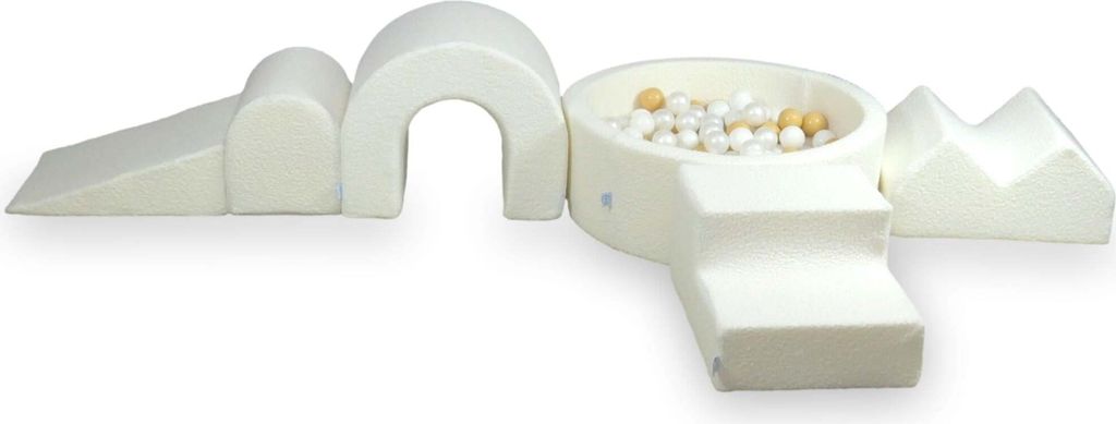 Schaumstoff-Spielset mit rundem Bällebad + 5 Elementen – 90x30 Boucle Weiß + 200 Bällebadbälle / weiß, perlmutt, beige