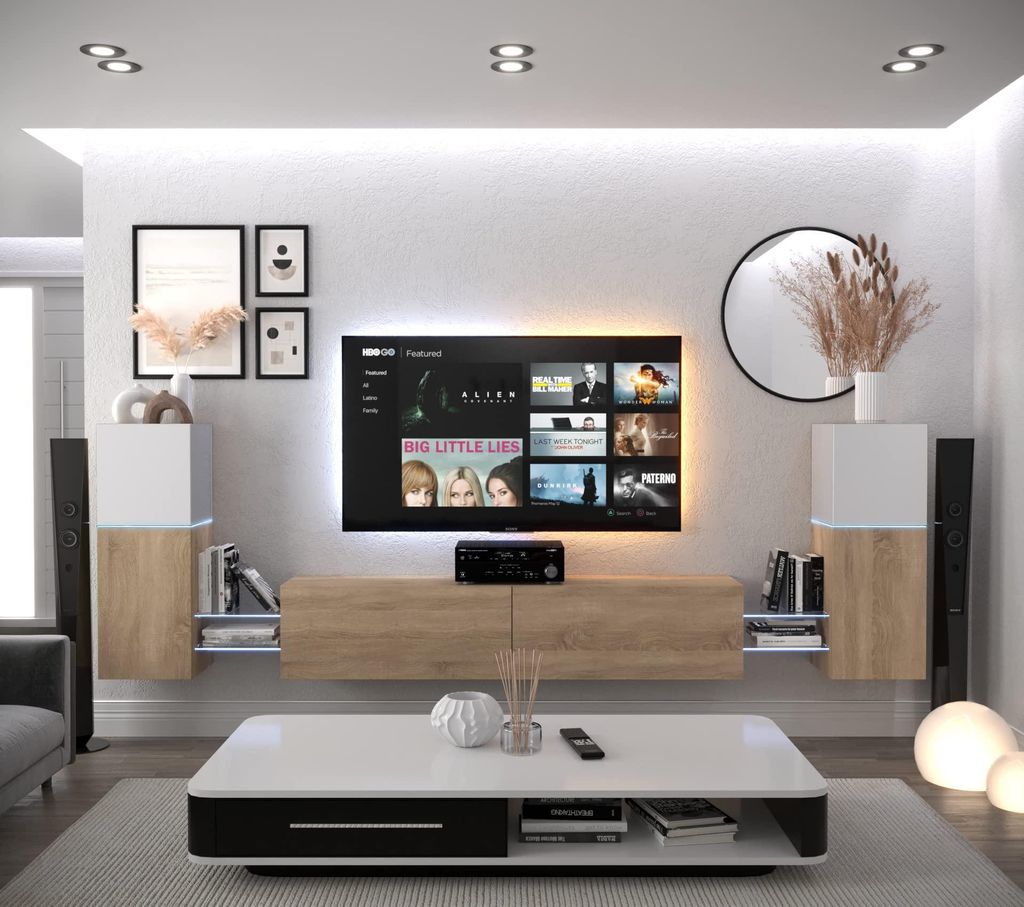 Furnitech Wohnwand Wohnzimmer - Wohnzimmer Möbel mit LED Blau - Hängend Wohnwand Modern - Regale und TV Schrank (AN104-21WS-HGM8-1C)