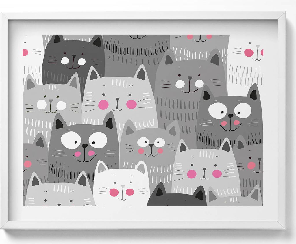 Muster mit Katzen– Wandbild mit Rahmen – Gerahmtes Bild – Wanddekoration – 80x60 cm – Weiß Rahmen