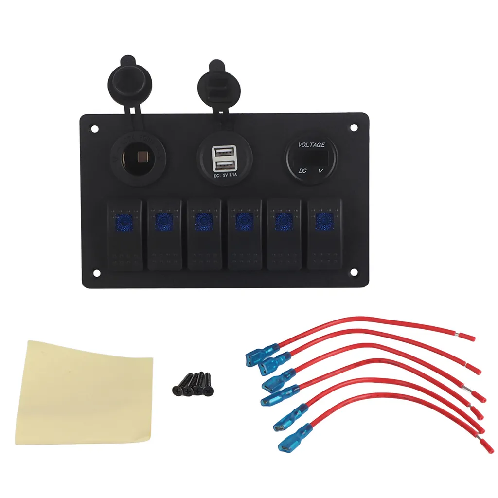Panneau de Commande 12V 24V à 6 Interrupteurs LED Bleu avec Voltmètre