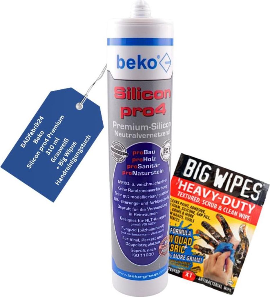 BADfabrik24 Beko Silicon pro4 Premium 310 ml GRAUWEISS + Big Wipes Handreinigungstuch