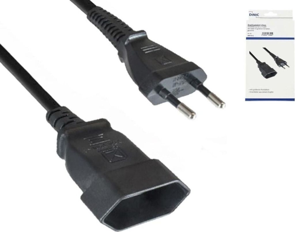 DINIC Netzkabel Eurostecker auf Eurobuchse, 0,75mm², Euro CEE 7/16, Verlängerung, VDE, schwarz, Länge 2,00