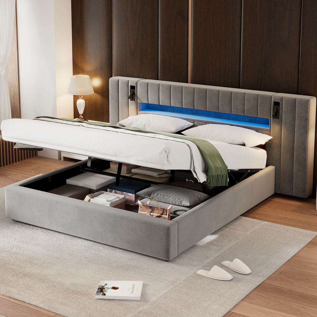 STILVORA Polsterbett 180x200 Jugendbett mit USB-Anschluss,Doppelbett mit LED-Beleuchtung,Bettgestell mit Stauraum,ohne Matratze,Grau
