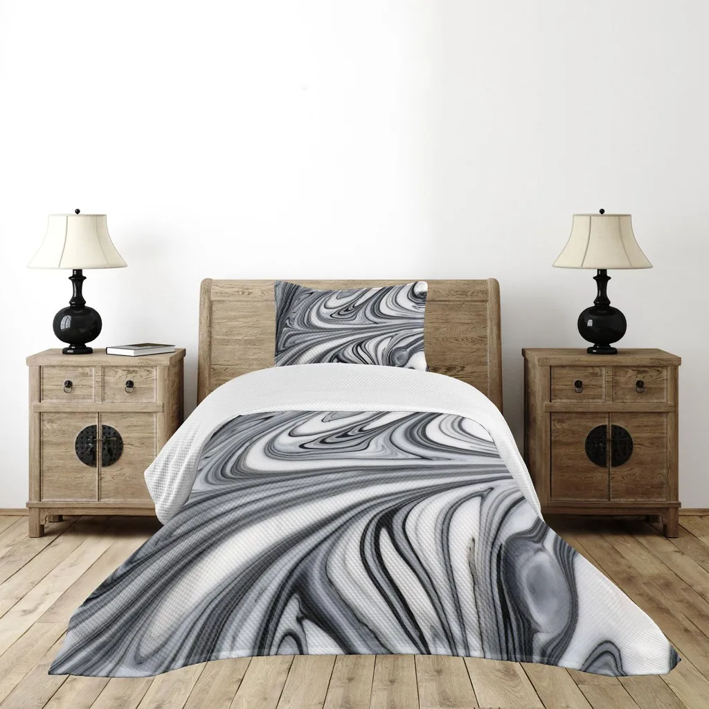 ABAKUHAUS Set copriletto astratto, mix di figure allucinatorie e surreali in marmo liquido bianco e nero, grafica artistica, 170 x 220 cm, grigio
