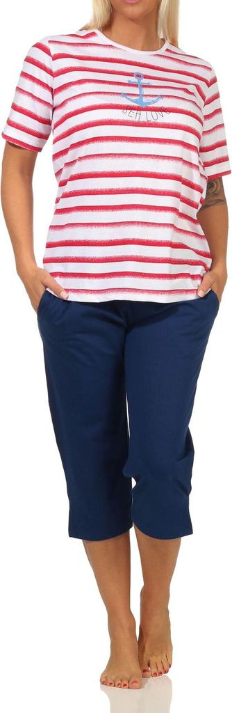 Maritimer Damen kurzarm Capri Schlafanzug, Oberteil mit Anker Motiv, auch in Übergrössen ; rot , 60