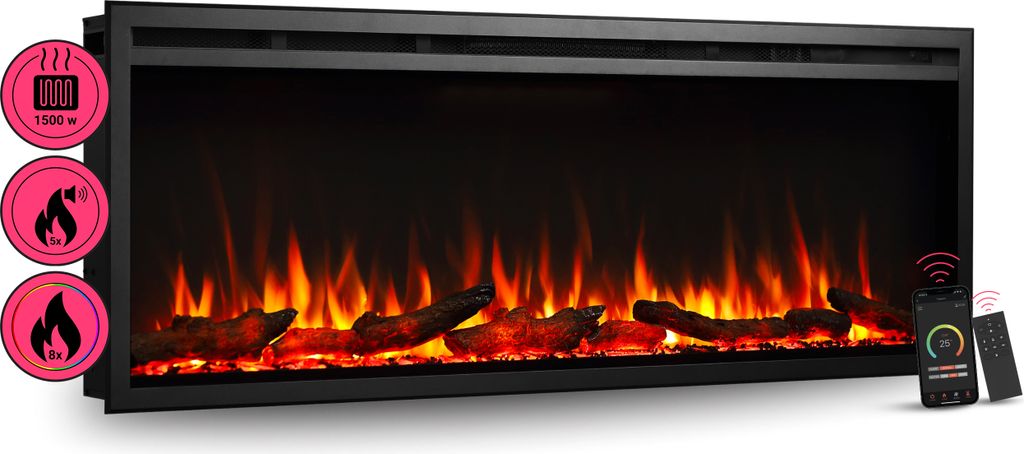 BALDERIA Elektrokamin Atalanta 50" | Einbaukamin, LED 3D-Flammeneffekt, LED-Ambientebeleuchtung, Heizung 1500W, App, Knistereffekt, Timer, Thermost...