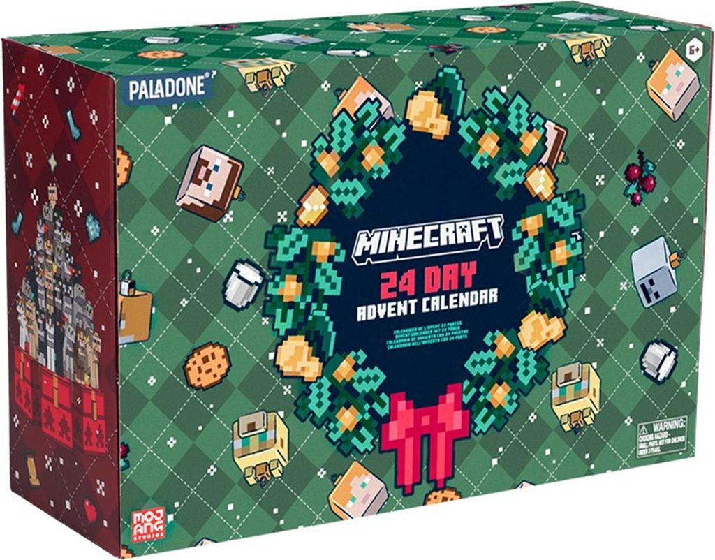 A Minecraft themed 24-day advent calendar box with a festive wreath design.