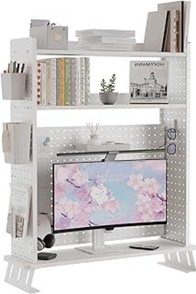 2-Ebene Schreibtisch Regal mit Monitor Riser, weiß 80CM, Desktop Organizer mit Festplatte