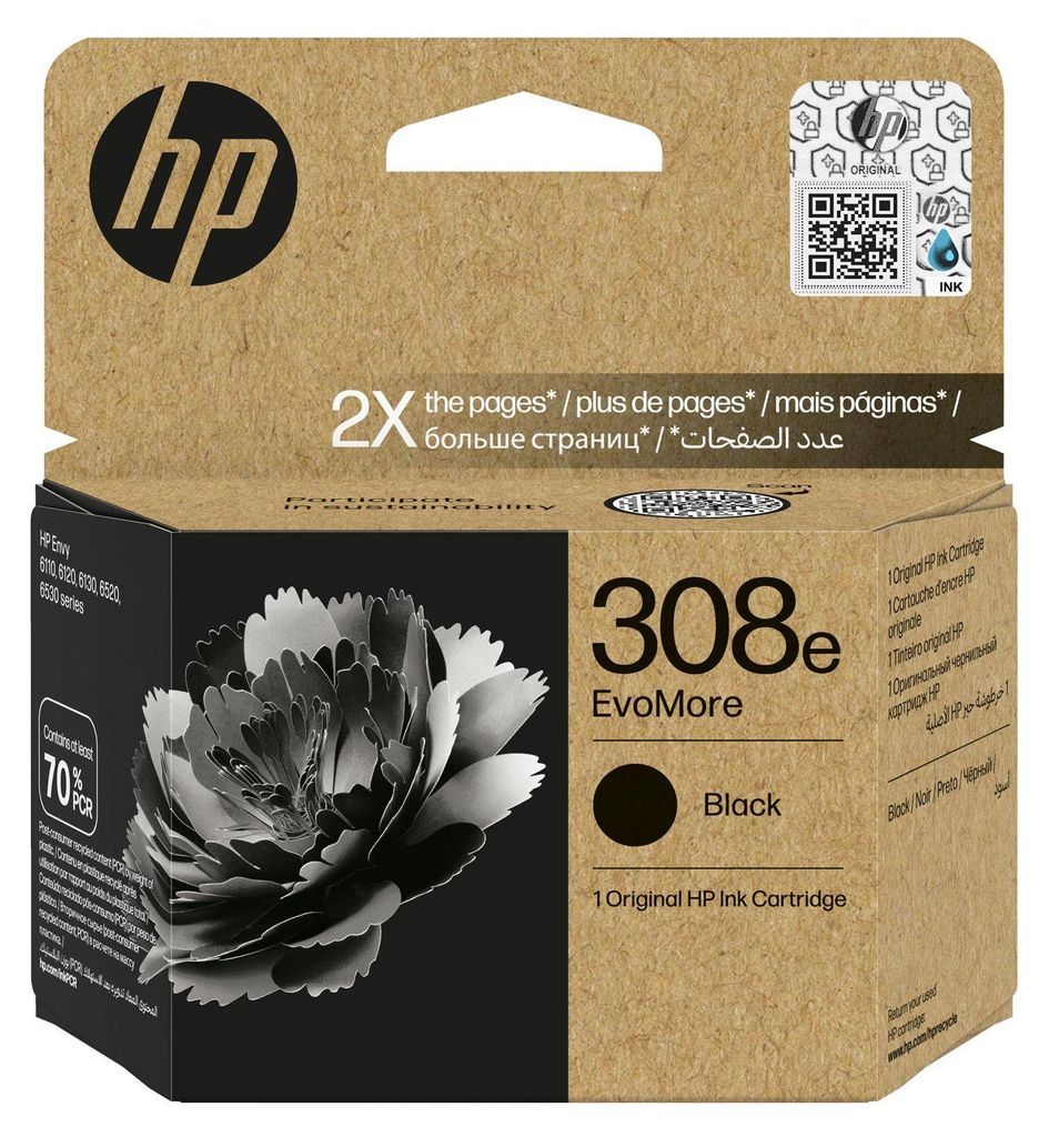 The image shows the packaging of an HP 308e EvoMore Black Original Ink Cartridge.