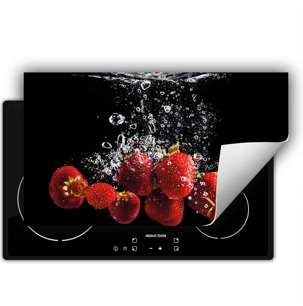 DarHaus Piastra di copertura per fornelli 90x52 cm Tappetino antiscivolo Roll-up, nero - Fragole